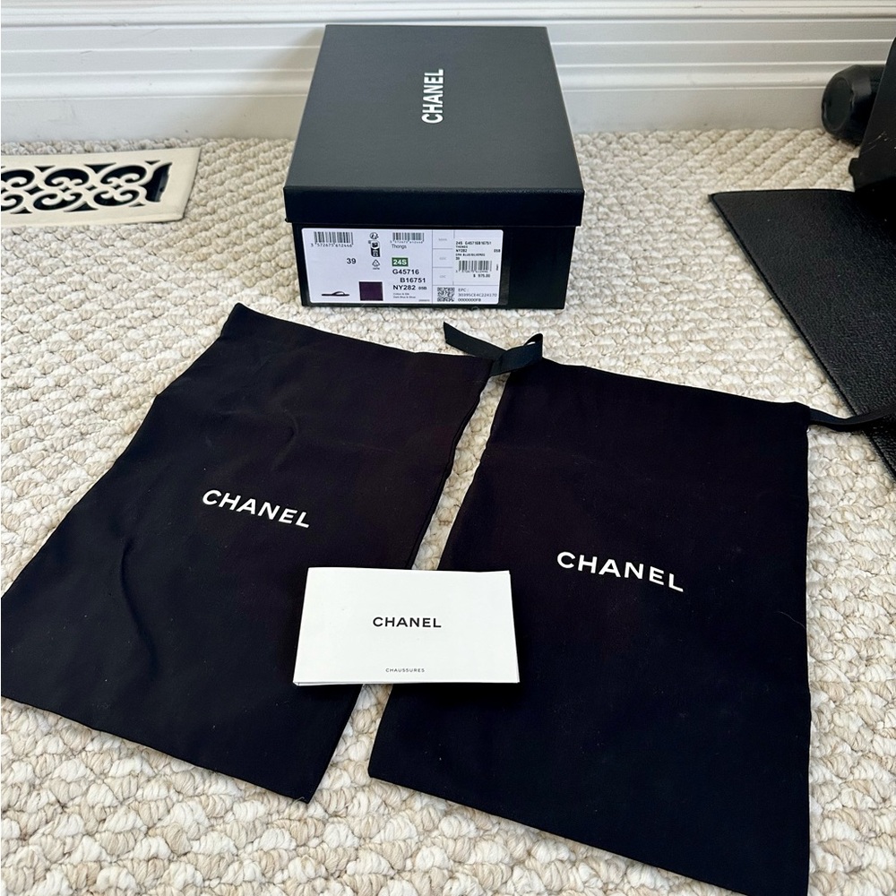 Chanel empty shoe box, two Chanel dust bags, Chanel care instructions, tissue pp